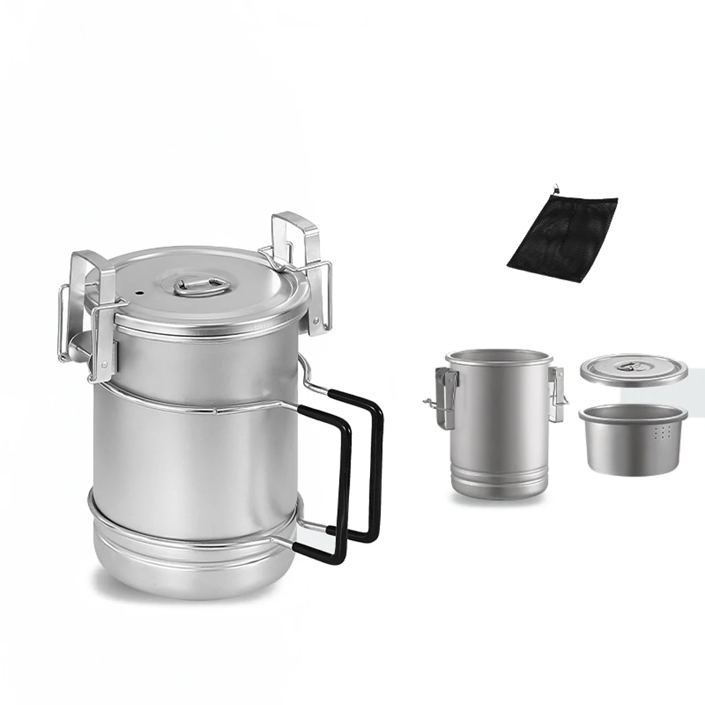 Portable 304 Stainless Steel Camping Cooking Pot Large Capacity Multi-functional Steaming Pot with Removable Handle