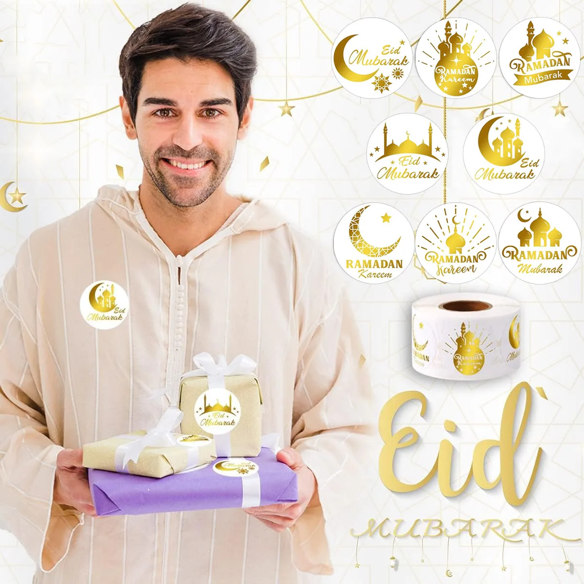 500 stks Ramadan Eid Mubarak Papierrol Sticker Ramadan Kareem Geschenkverpakkingen Seal Labels Islamitische Moslim party Decor voor thuis 2025