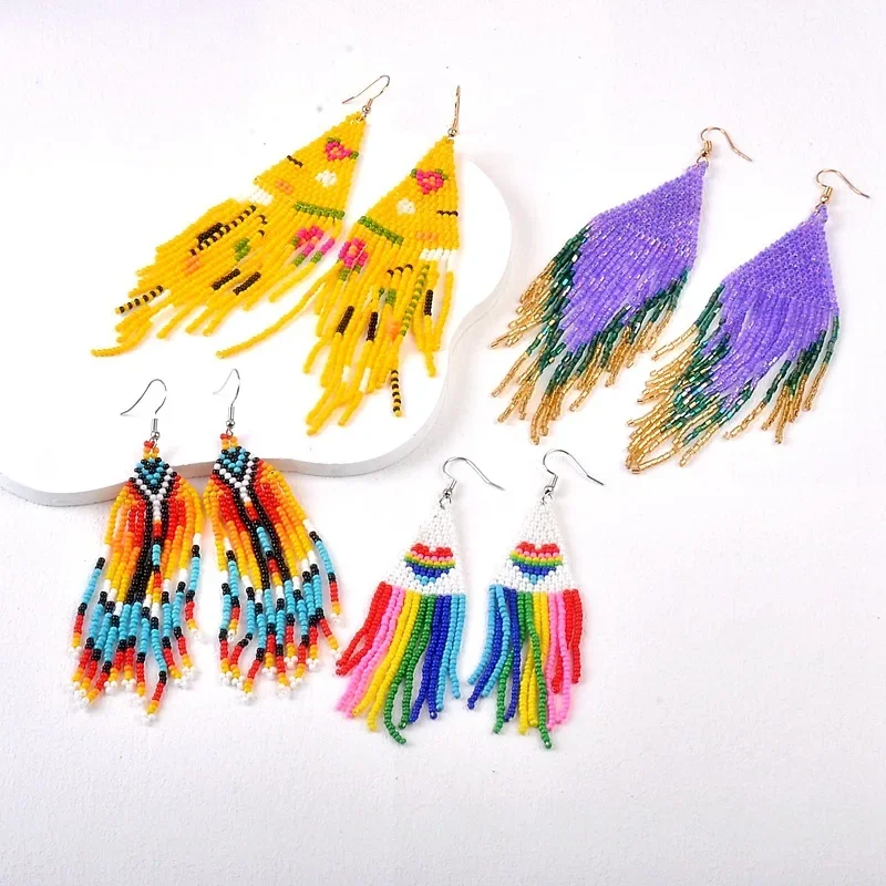 Pattern Rainbow Tassel Gradient Tidal Current Hand Weaving Bohemia Simplicity Originality Beaded Earrings For Women