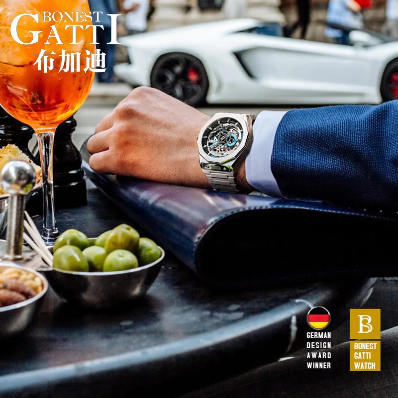 BONEST GATTI BG-7610S Men's Racing Chronograph Auto Mechanical Watch Skeleton Sapphire Luminous Steel Strap 5ATM German Crafted