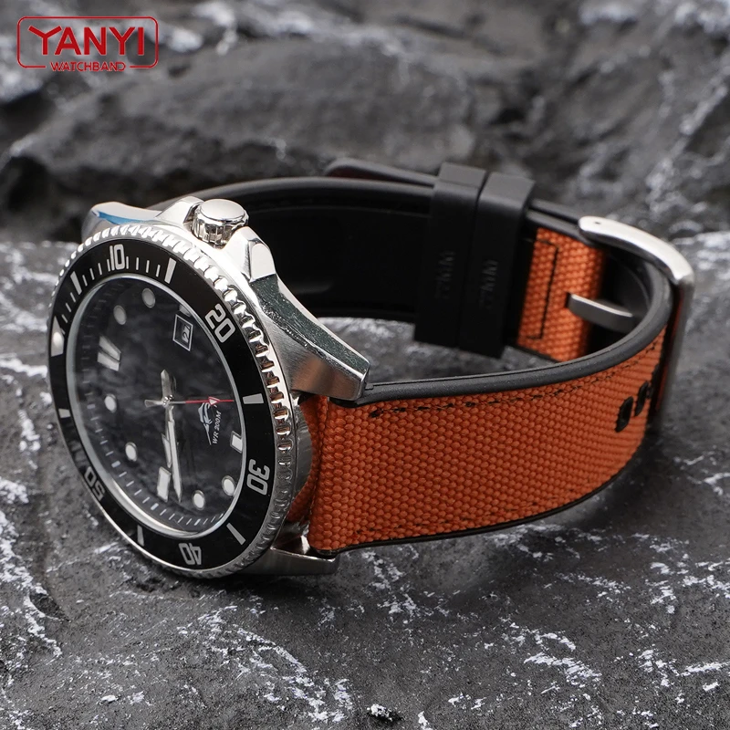 Correa de nailon gruesa con parte inferior de goma de silicona, correa de reloj de 22mm y 24mm para reloj timex b-reitling ca-sio, pulsera para hombre