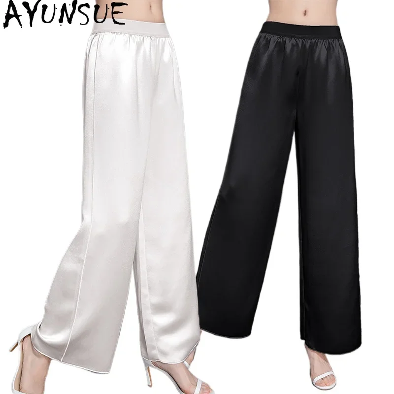 AYUNSUE 95% Mulberry Silk Women Pants Summer 2024 High Waisted Trousers Womens Wide Leg Baggy Pants Womans Clothing Pantalone