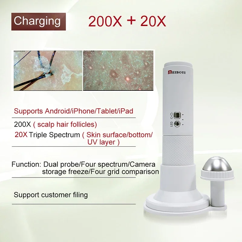 جديد واي فاي HD فروة الرأس/الجلد/كاشف بصيلات الشعر قابلة للشحن الأشعة فوق البنفسجية اختبار تحليل المكبر المهنية 20X/200X محلل الجلد
