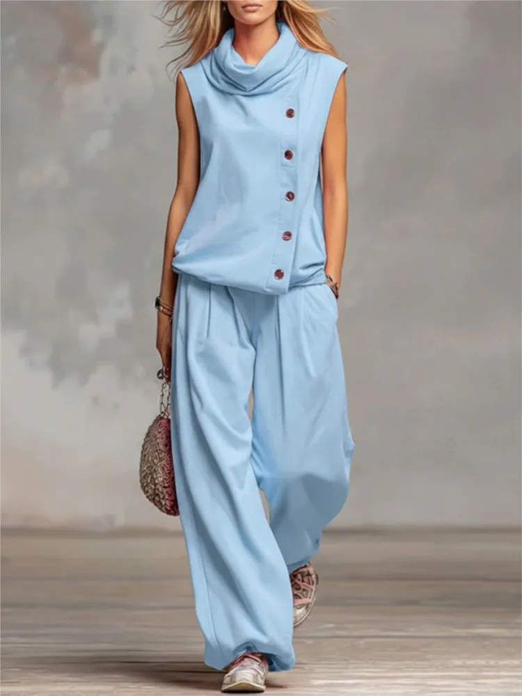 Stand-up Collar Sleeveless Vest Top Wide-leg Pants Two-piece Set 2026 Summer New Fashion Women's Vest Flat Two-piece Set