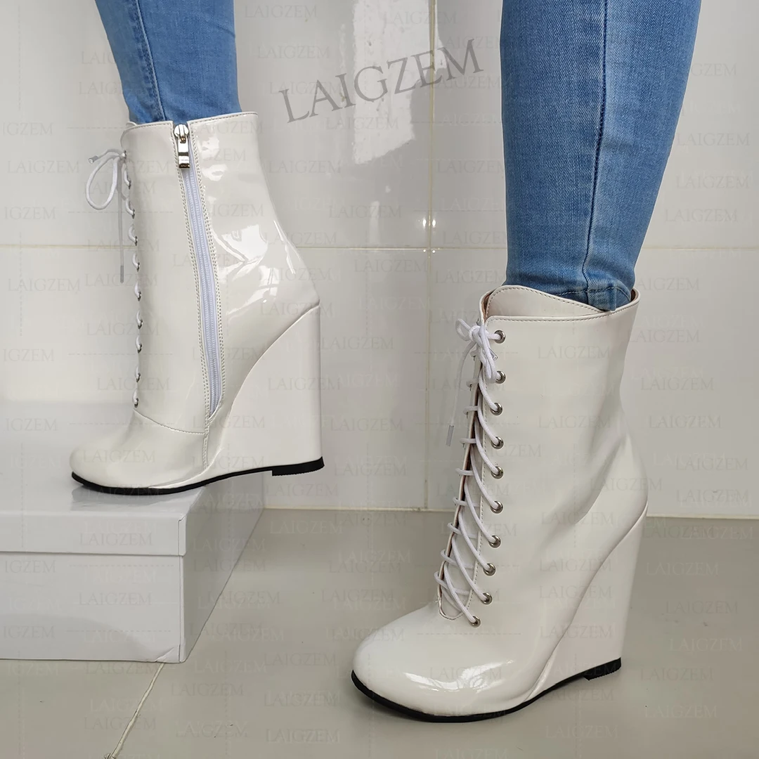 ZHIMA Women Ankle Boots Wedges Side Zip Super High Heels Round Toe Handmade Short Boots Ladies Shoes Woman Big Size 41 43 45 52