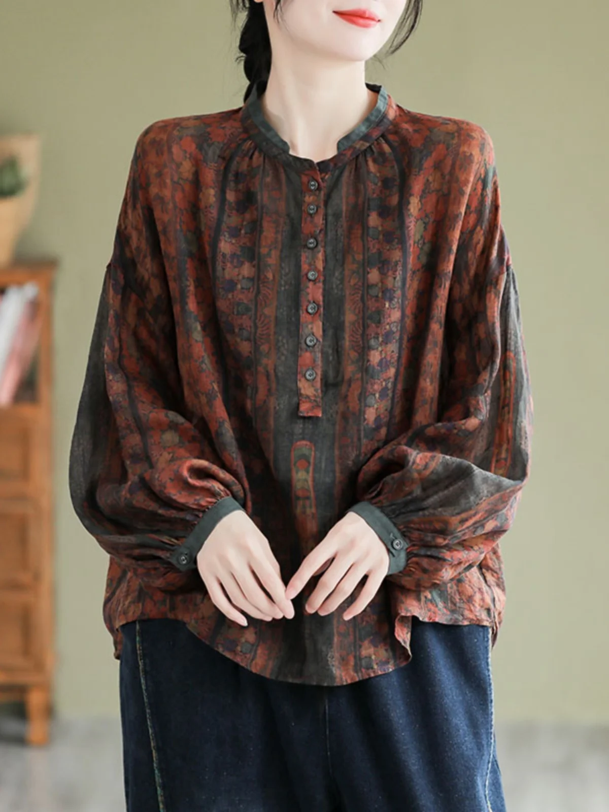 

Retro Flax Color Blo Women's irt Long Sve Loose Casual Slimming Print Top Spring Autumn New Arrival Commute Sle