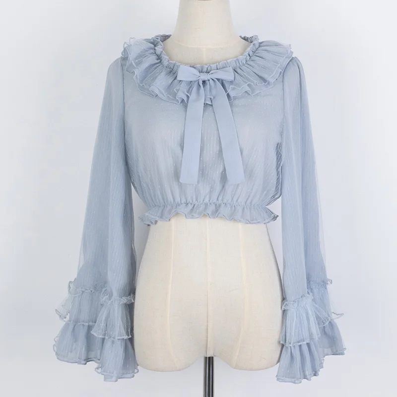 Japanese Sweet Lolita Blouses Women Kawaii Lace Bow Ruffle Collar Short Top Girls Summer Casual Loose Long Sleeve Chiffon Shirts