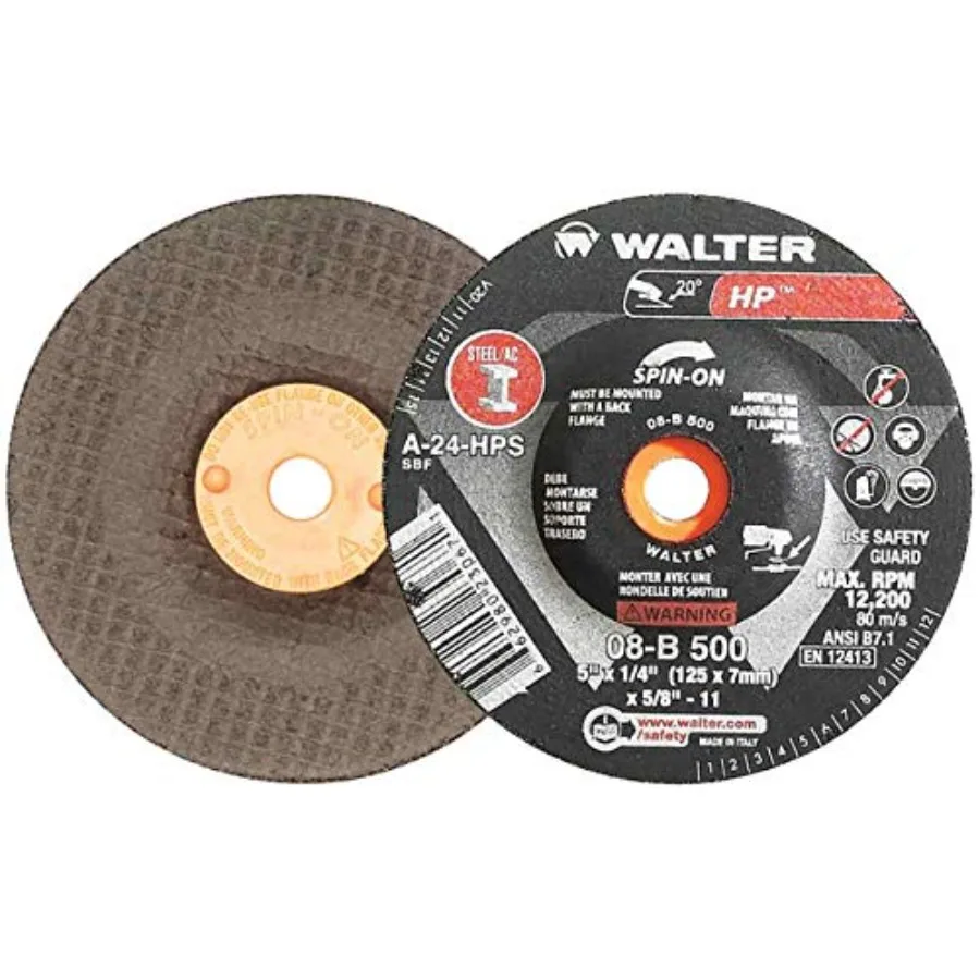 

Круги шлифовальные Walter 5x1/4x5/8-11 HP Spin-On, высокопроизводительные, тип 27S, класс A-24, 20 шт. в упаковке - алюминиевый оксид, средняя зернистость