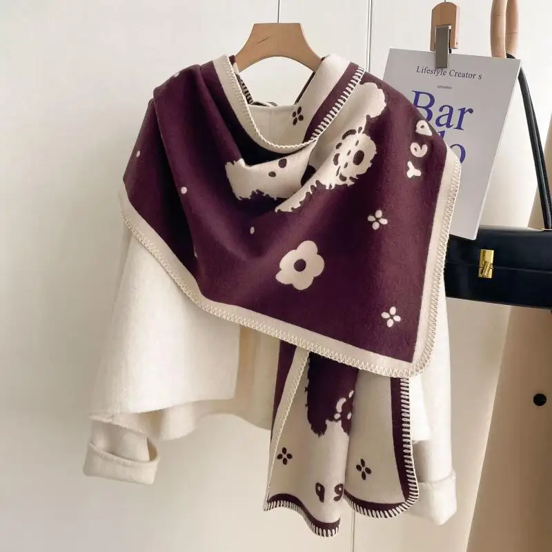 Sweet Cute Bear Floral Printed Tassel Shawl Women Thick Faux Cashmere Scarf Casual Daily Warm Large Shoulder Outer Wrap Blanket