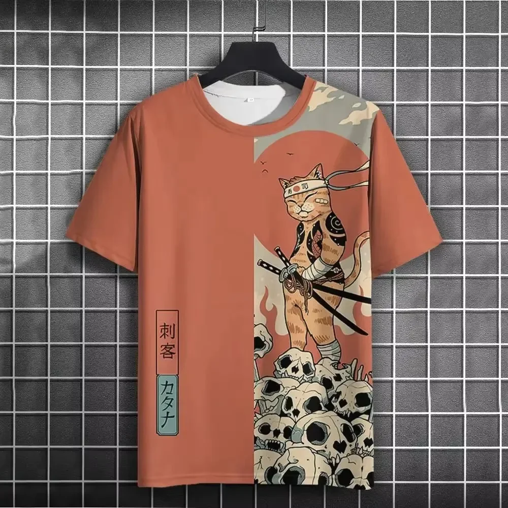 Camiseta unissex masculina e feminina, camiseta japonesa samurai cat casual, gola redonda, manga curta, respirável, estampa 3d