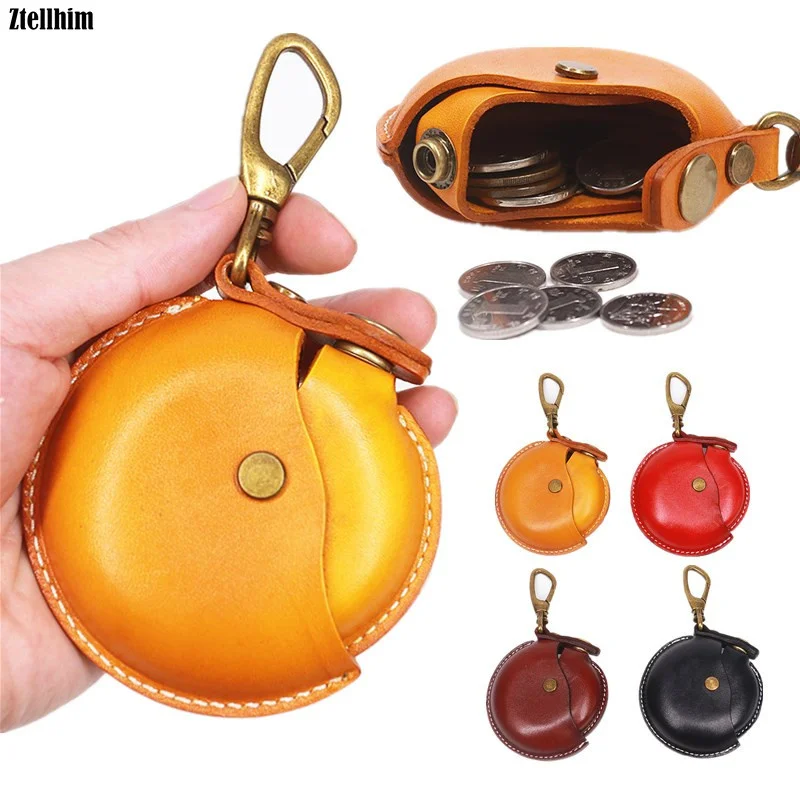 2024 Genuine Leather Coin Purse Women Men Vintage Handmade Small Round Holder Wallet Storage Bag Case Keychain Male Female