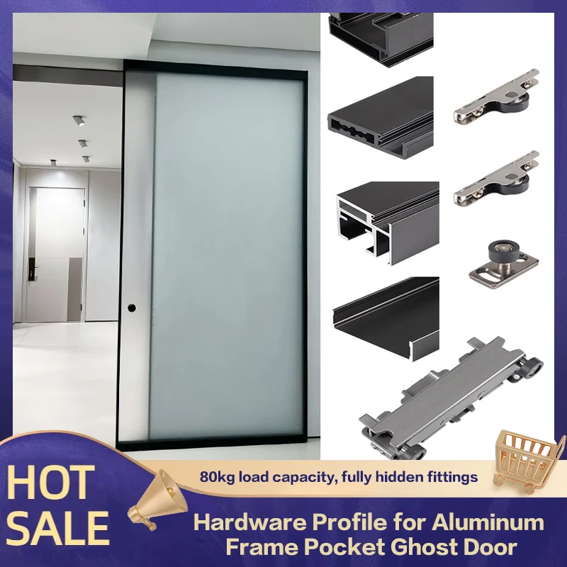 Top Hung Floor To Ceiling Trackless Ghost Door Hardware System With Double Soft Close Buffer For Aluminum Frame Sliding Door