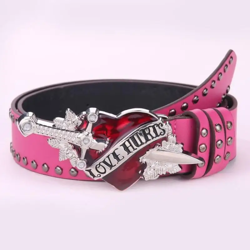 Vintage Y2K S/M Rhinestone Heart Western Flame Belt Leather Cowgirl Boho Glam GORGLITTER Women main image 2