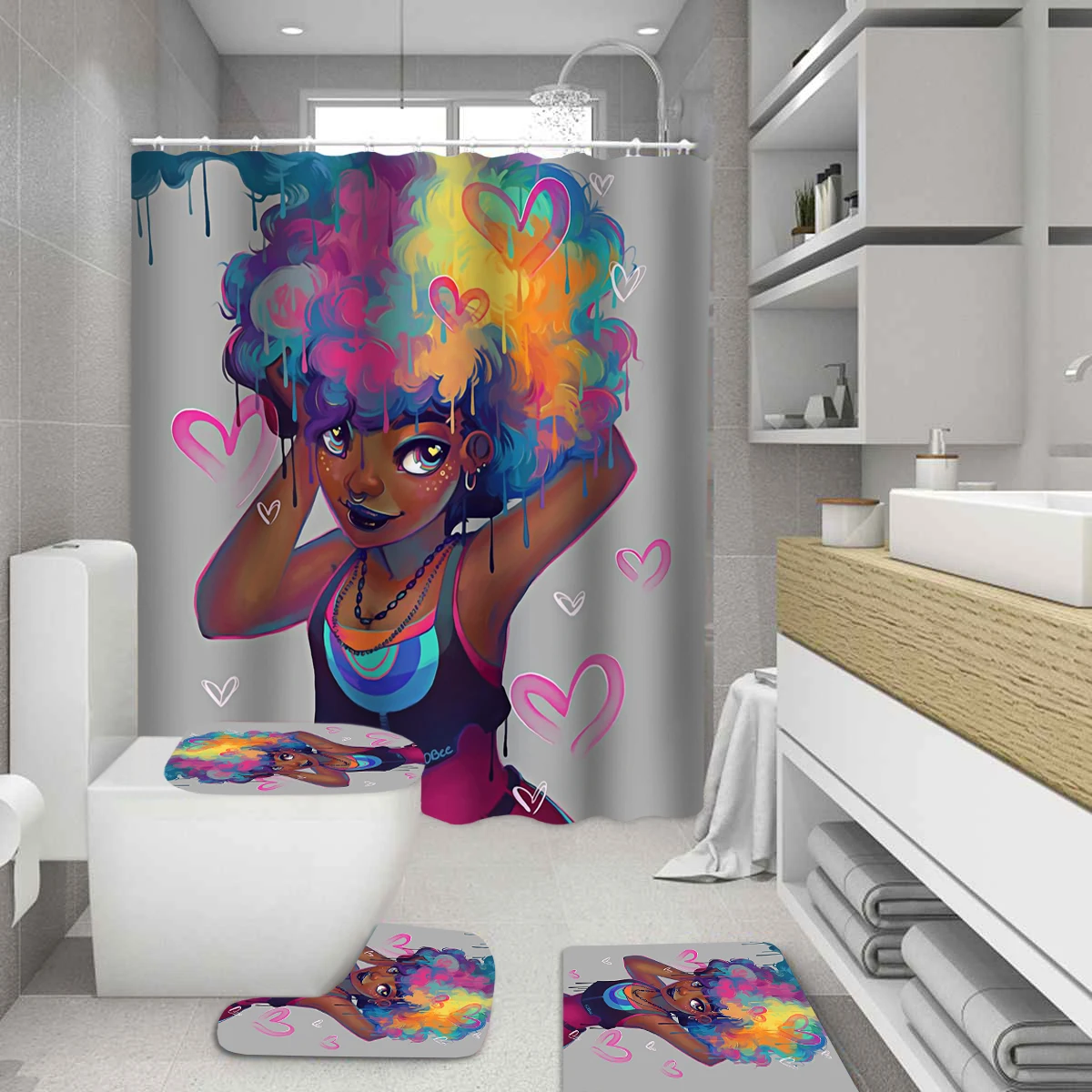 Leuke Loli Afrikaanse Douchegordijn Set Afro Amerikaanse Dame Vrouwen Gekleurd Haar Badkamer Set Antislip Tapijten Wc-deksel Cover Mat Decor