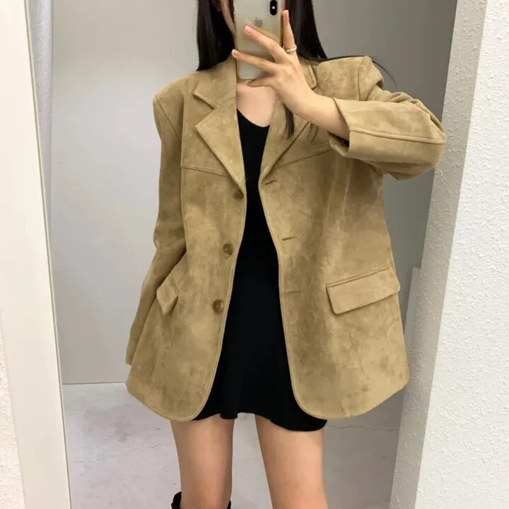 Chic Vintage da donna in pelle Jaet allentato dimagrante bottone singolo sentimenti di fascia alta pelle di cervo abito in velluto Top Quali Faion