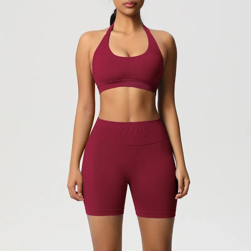 

Женский комплект из 2 предметов для йоги, бесшовный спортивный бюстгальтер с открытой спиной и лямкой на шее, шорты, наряд для йоги, облегающий спортивный комплект для бега и фитнеса