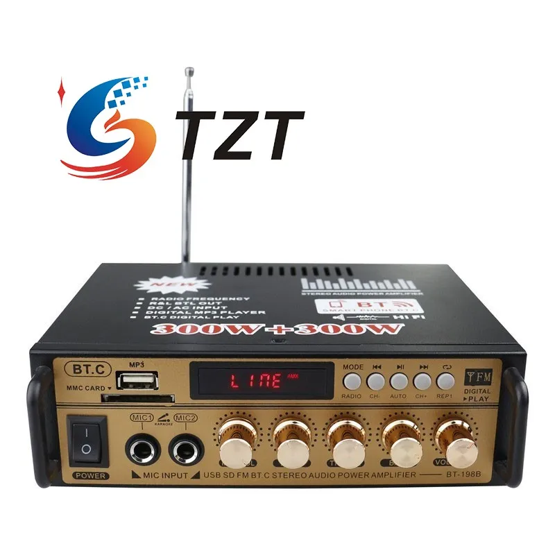 TZT AV-198BT Bluetooth5.0 Multifunctional Mini Power Amplifier USB SD FM HiFi Stereo Audio Amplifier 300W+300W