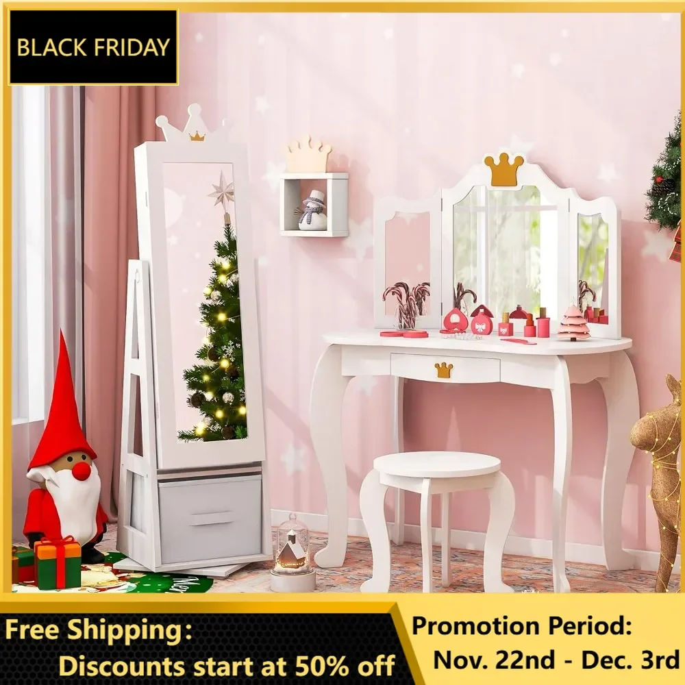 Kids Vanity Cabinet, 360° Swivel Standing Jewelry Organizer with Full-Length Mirror, Kids Makeup Vanity Table and Chair Set