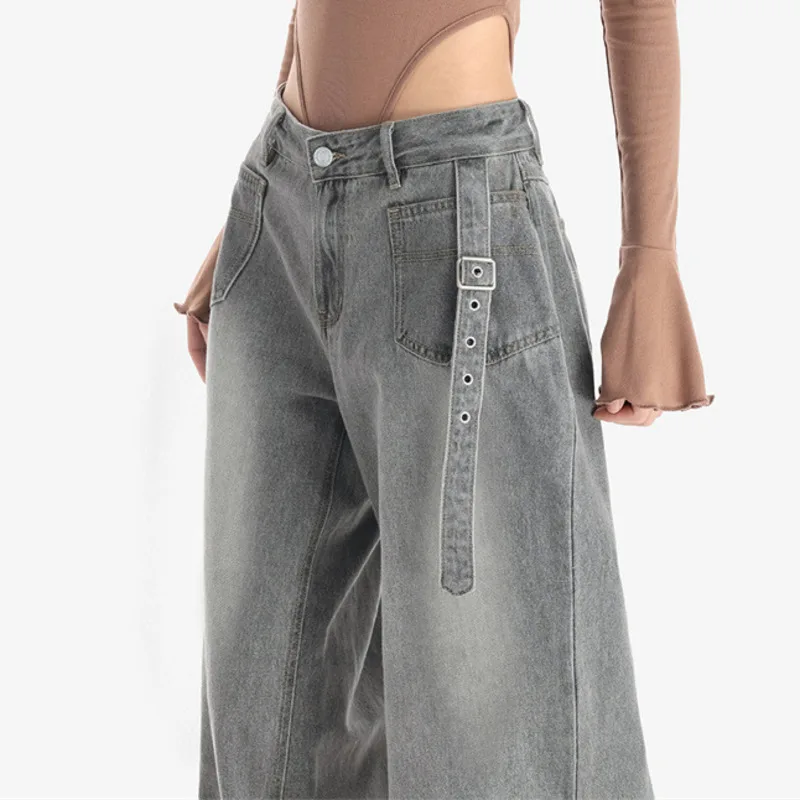 # 2049 Pantalones vaqueros rectos Vintage para mujer, Vaqueros largos holgados de cintura alta, ropa de calle gris para mujer, Vaqueros vaqueros de estilo coreano para primavera