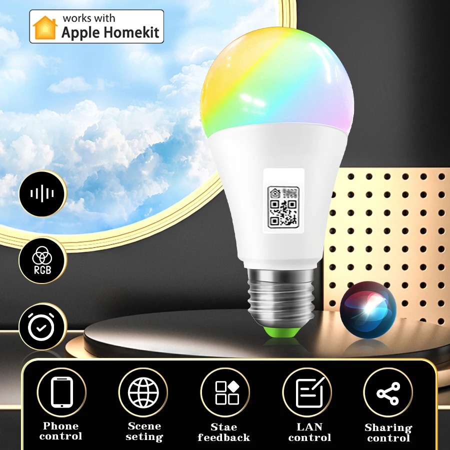 

Homekit Smart LED Light Bulb Wifi E27 15W 110V 220V RGB Dimmable Light Bulbs APP Voice Control Apple Siri Alexa Google Home