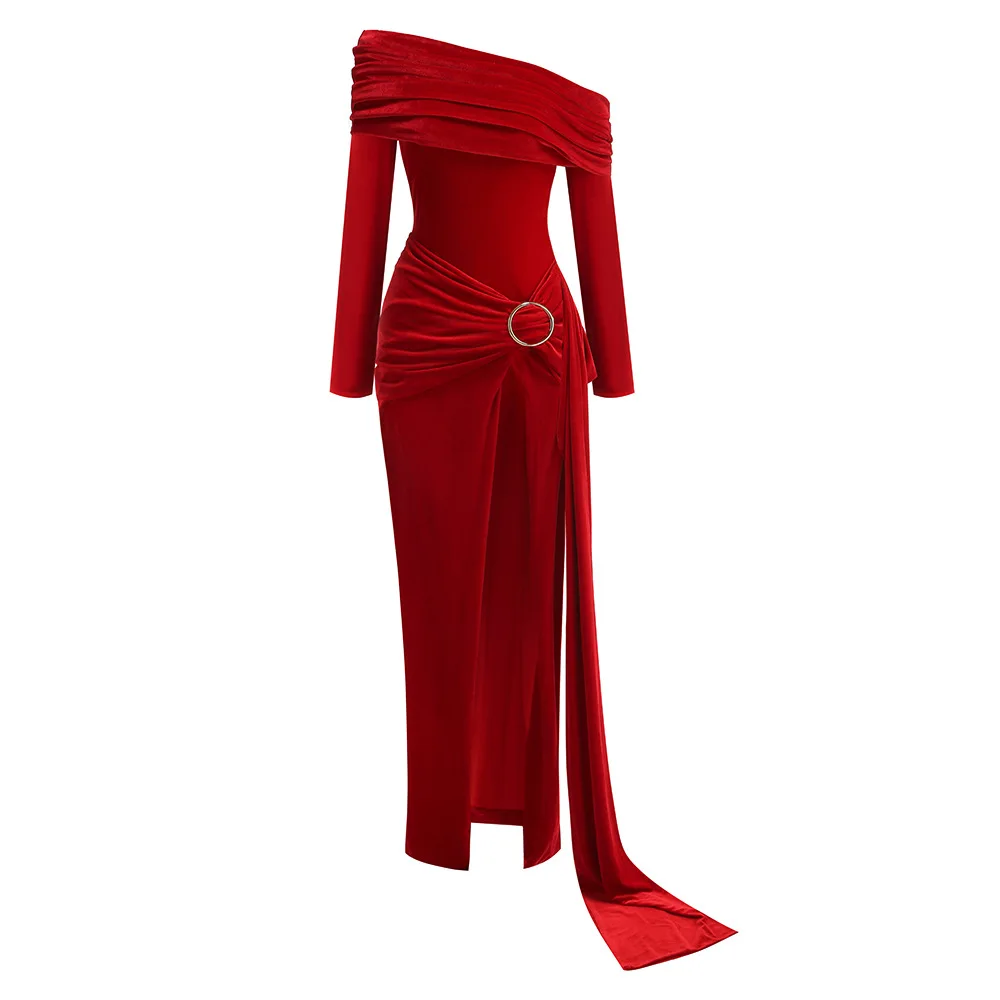 Elegante vermelho manga longa em camadas plissado maxi vestido com anel de aço cintura fita longa sexy alta divisão vestido de baile para festa cocktail