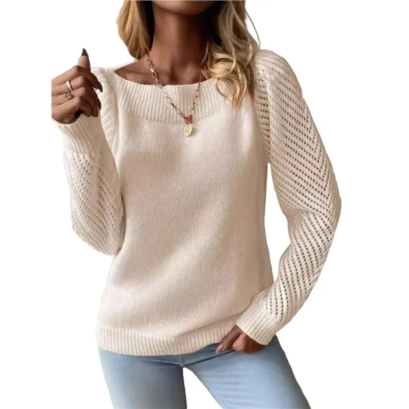 CYL-Female Casual Long Sleeve Crewneck Crochet Knit Pullover Tops Fall Fashion Trendy Outfits