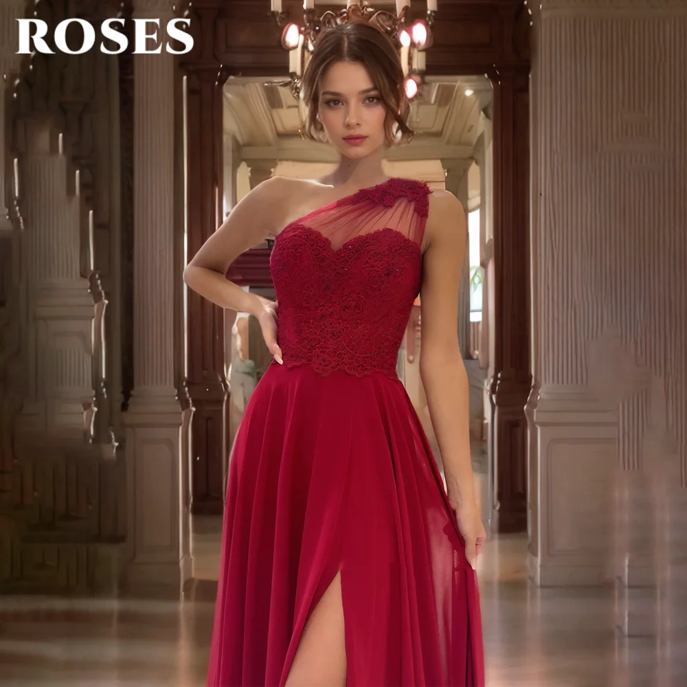 ROSES Red Elegant Prom Dresses Sweetheart One Shoulder Celebrity Dress Chiffon Applique Side High Split Formal Gown Customized