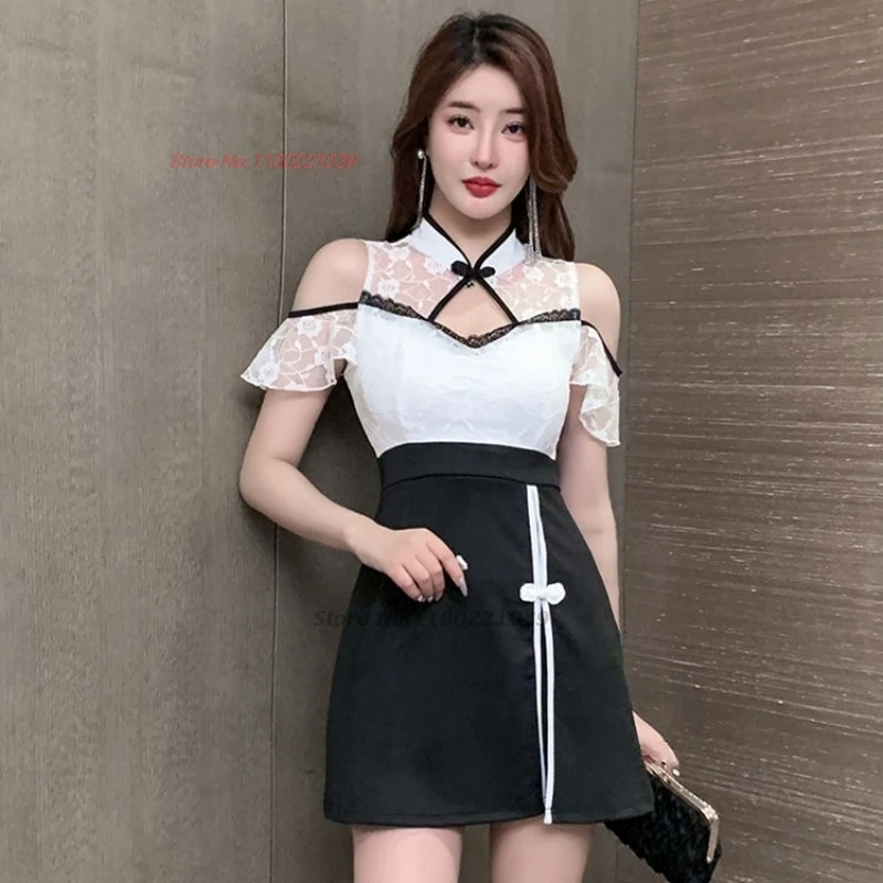 

2024 traditional chinese improved cheongsam nightclub dress lace patchwork qipao dress+shorts set oriental hotel spa work dress