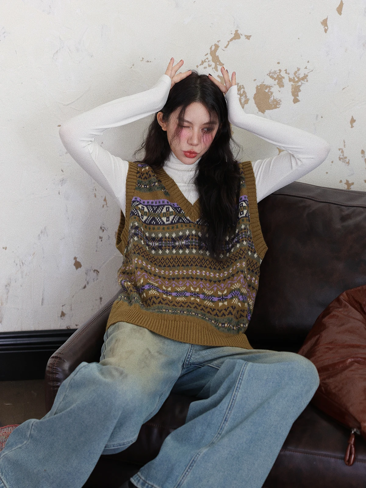 

Женский вязаный жилет DR Retro Fair Isle с V-образным вырезом, осенне-зимний, для ношения под одеждой, свободный крой, с геометрическим узором