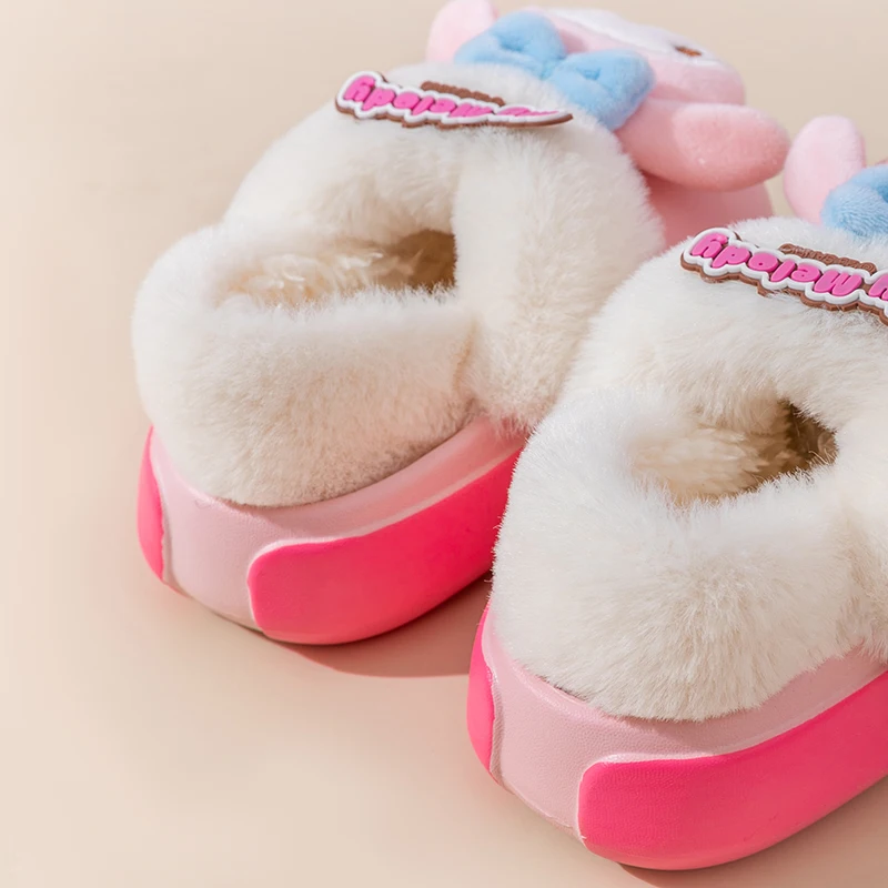 Sanrio Children\'s Cotton Slipers Kawaii Kuromi Girls Winter Plush Warm Shoes Indoor Non-slip Home Shoes