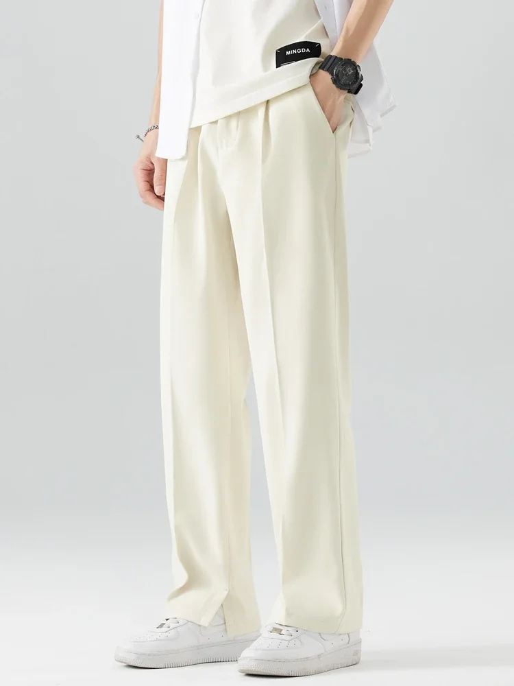 

2025 New Summer Casual Pants Men Breathable Polyester Korean Fashion Semi-Wide Banded Waist Slacks Straight Loose Drape Trouser
