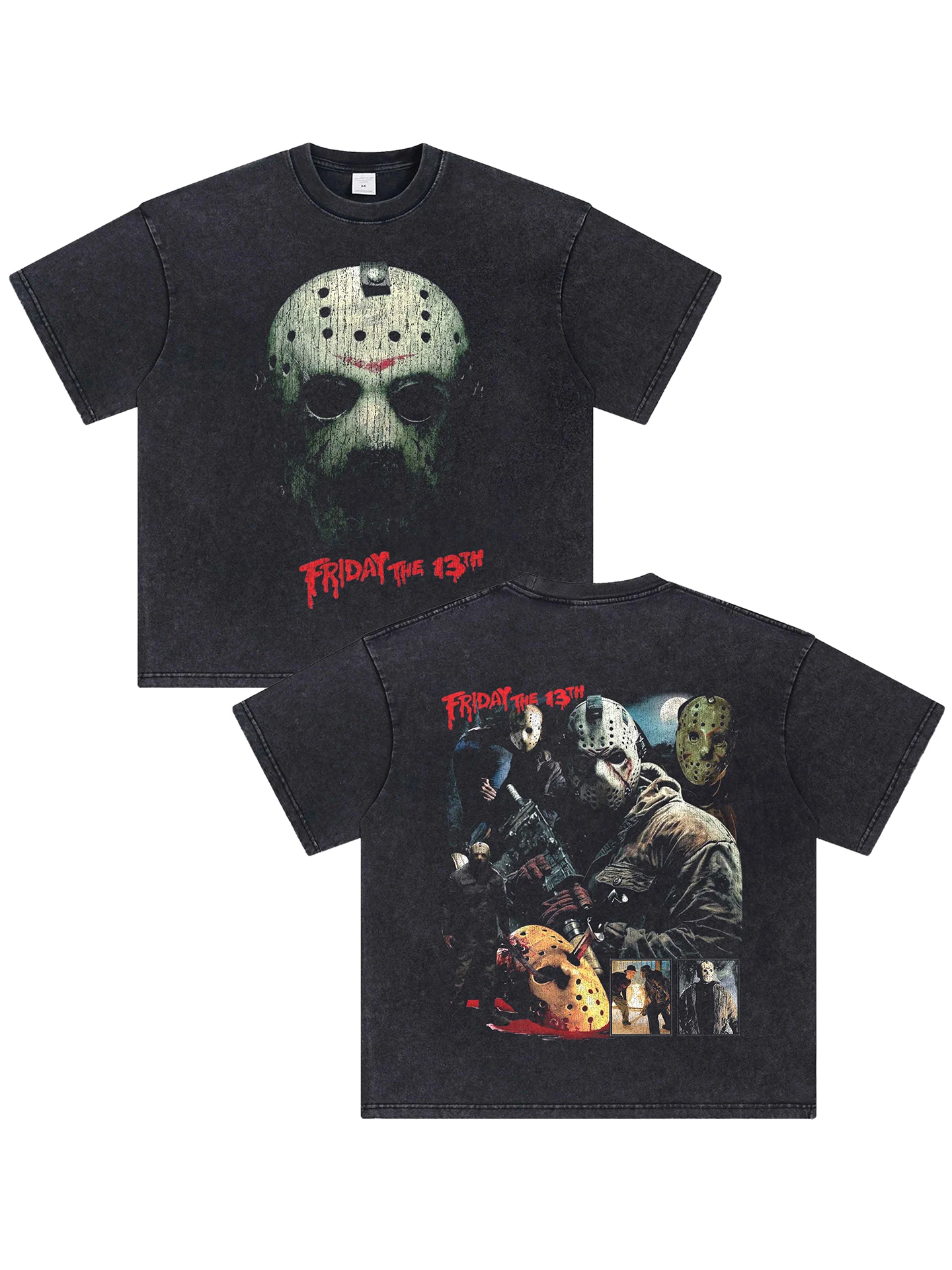 

2025 Friday The 13th Movie T-shirt, Dark Horror Print Short-sleeved, Washed and Aged Retro T-shirt, Pure Cotton