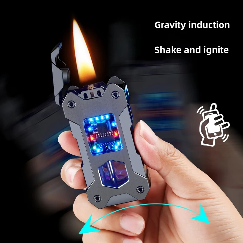 Creative Metal Mecha Gravity Induction Shake Ignite Kerosene Lighter Colored Light Visual Oil Bin USB Electric Lighters Smoking