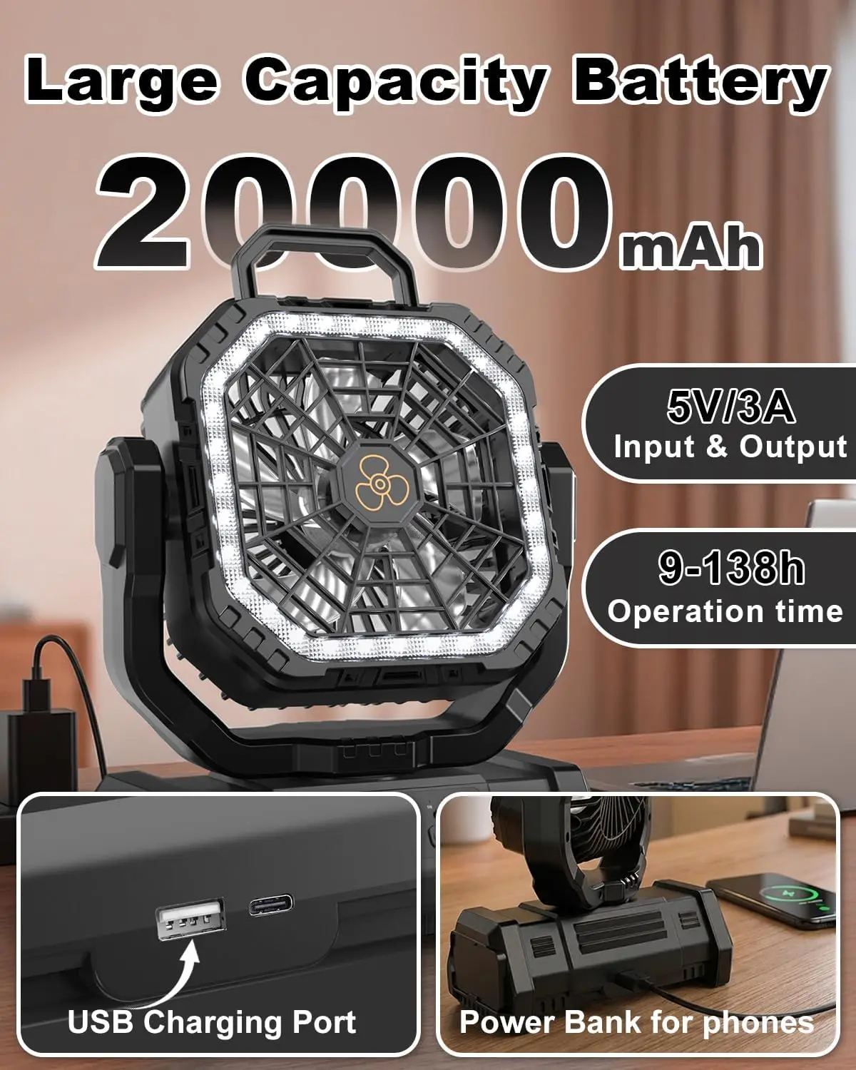 New solar outdoor charging camping fan with remote control LED light and four wind speed camping tent fan