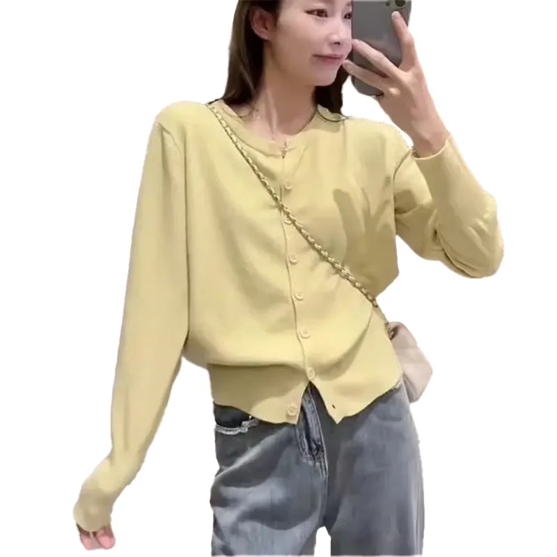 Elegant Solid Button Sweaters Version V-neck Casual Fashion Versatile Short Soft And Sticky Knit Cardigan Jacket Top