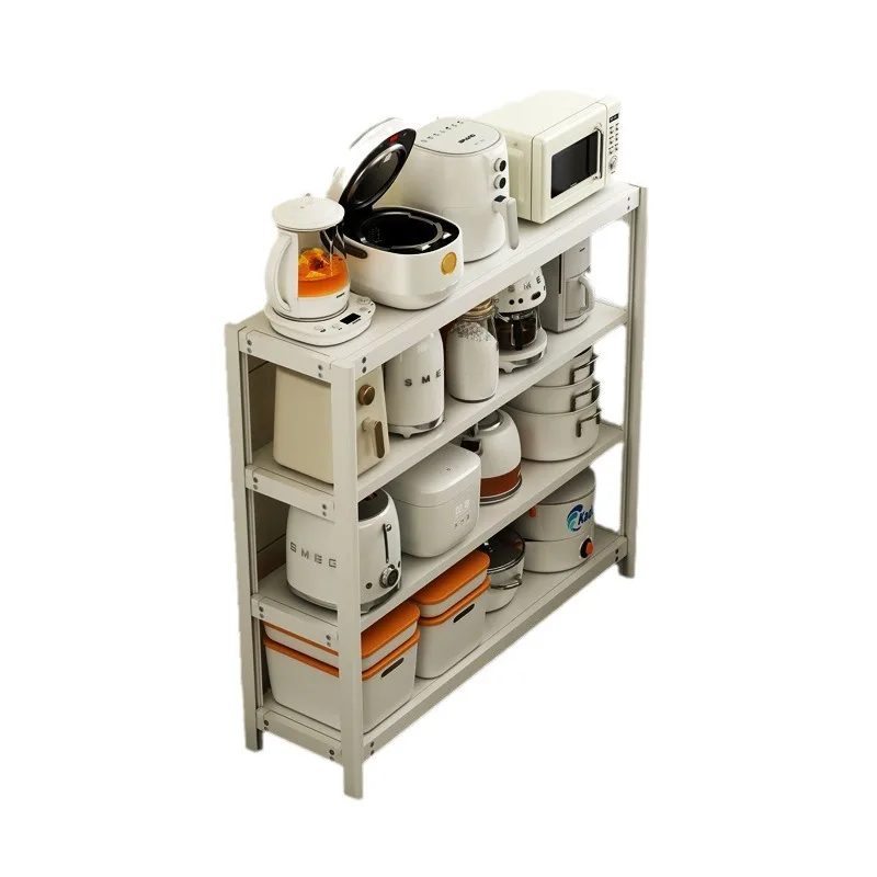 

The kitchen side table is against the wall narrow shelf is on the floor and multi layer small