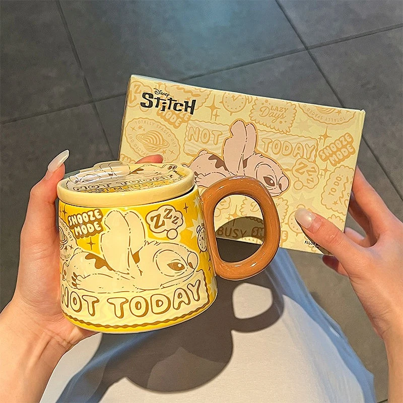 

New Disney Stitch Anime Cartoon Ceramic Mug Home Office Drinking Coffee Milk Cup Set Gift Box Cute Couple Cup Birthday Gift