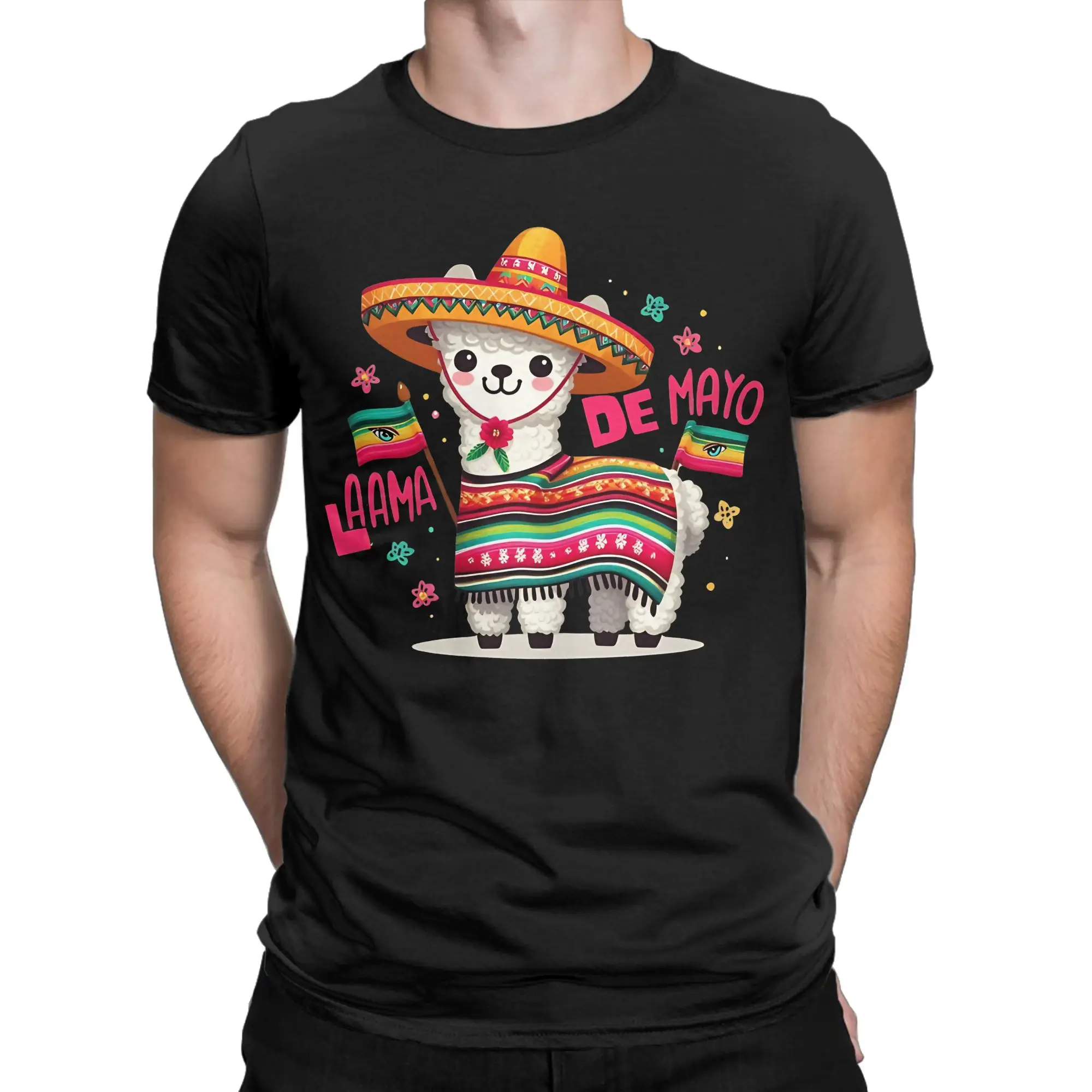 Funny Llama De Mayo Mexican Poncho, Cinco De Mayo Party For Mexicans T Shirts Men Pure Cotton  T-Shirt Round Neck  Tees