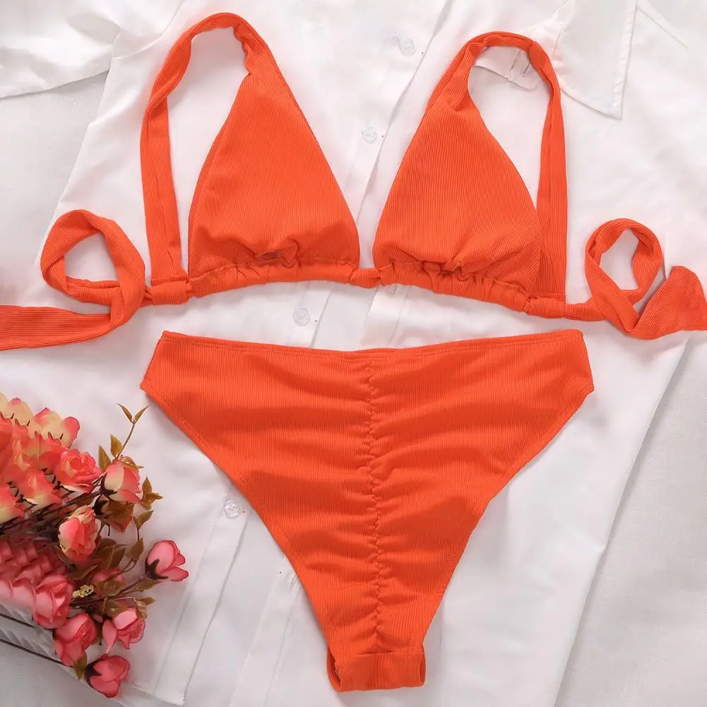 2Pcs/Set Swimsuit Padded Pure Color Triangle Cup Tie Belt Bikini Set for Swimming Women Orange Bathing Suit Tie Back Biquini Set