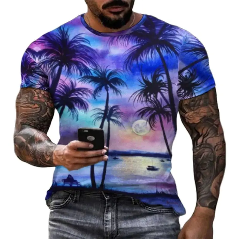 Personality Coconut Tree T-shirt Men\'s Fashion Hawaii HD 3D Digital Printed Tropical Crewneck Beach Casual Loose Comfortable Top