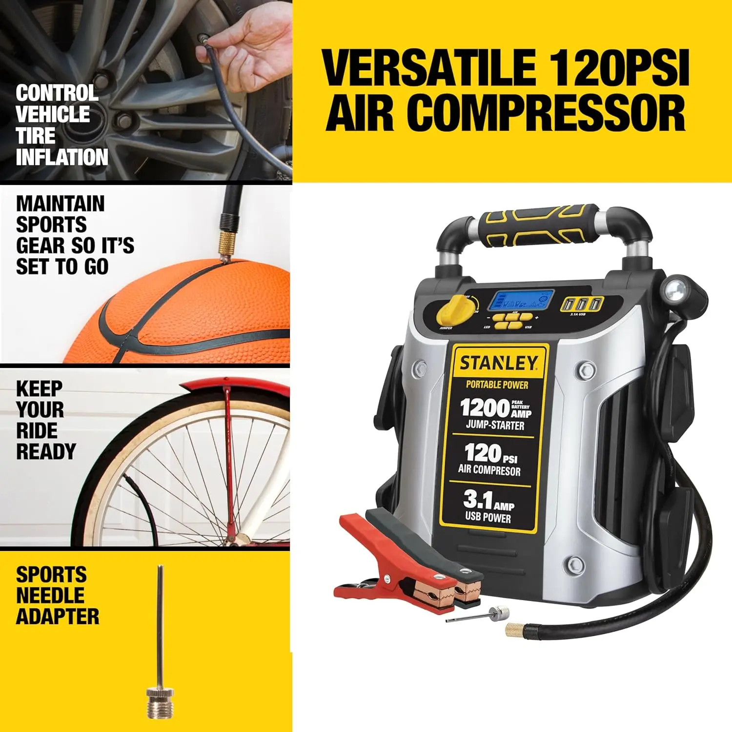 1200 Peak Amp Portable Jump Starter with Air Compressor, USB Ports for Tires and Devices