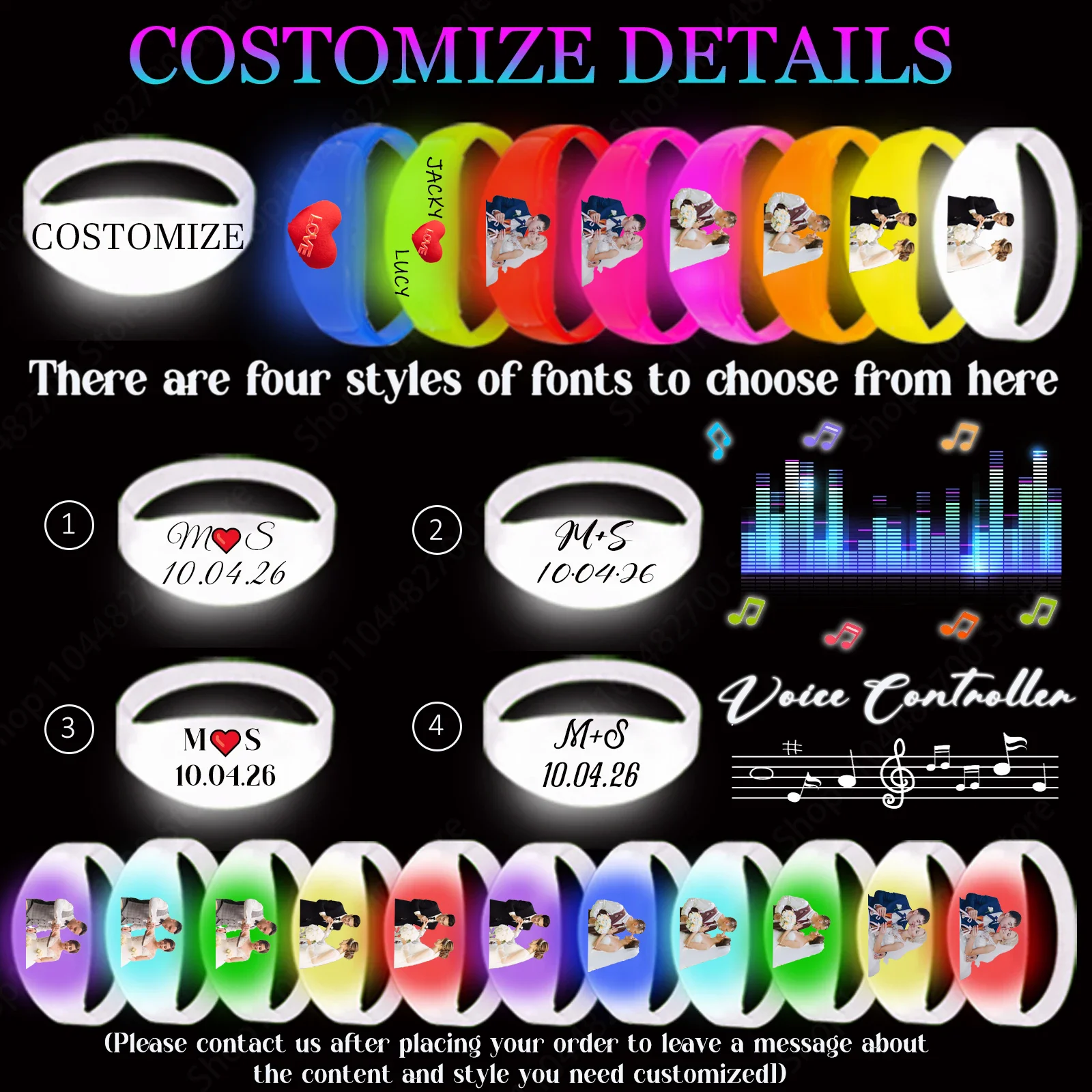 

20-300Pcs Customizable Music & Sound Activated LED Bracelets Rhythmic Light up Bracelets Glow Bangles Wedding Party Accessories