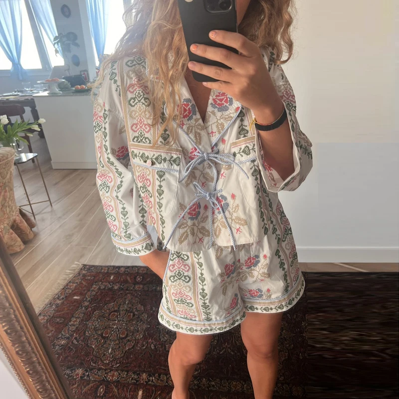 Harajuku Fashion Stripe Print Short Sets Women Spring Turn-down Collar Lace-up Bowknot Suit Autumn Long Sleeve Two Piece Outfits