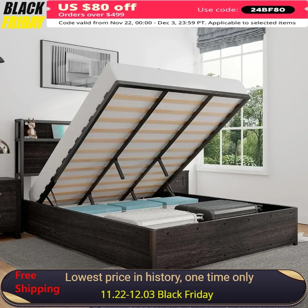 

Queen Size Lift Up Storage Bed with Storage Headboard & Charging Station, No Box Spring Needed, Easy Assembly, Wood Bed Frame