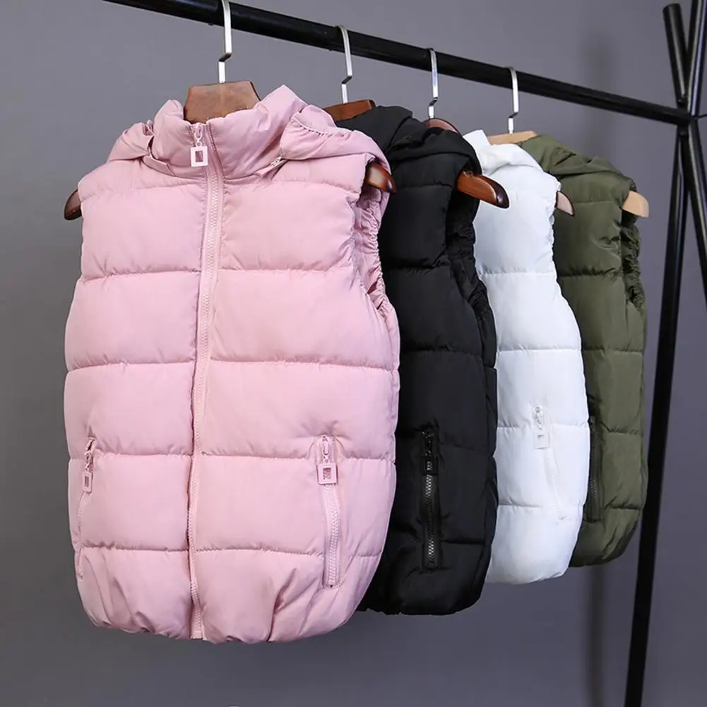 Winter Jacket  Zipper Pockets   Women Vest Coat Hooded Women Cotton Vest Autumn Casual Wear