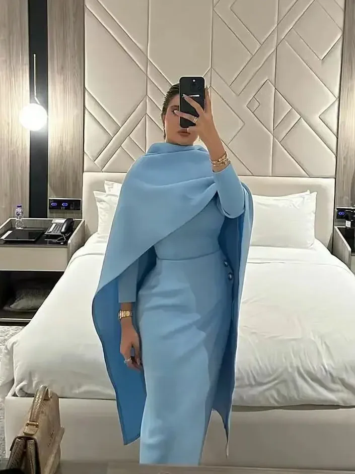 Prom Dresses 2024 Long Sleeves With Cape Button Sheath Ankle-Length Arabia Women Formal Occasion Dresses Vestidos De Graduación