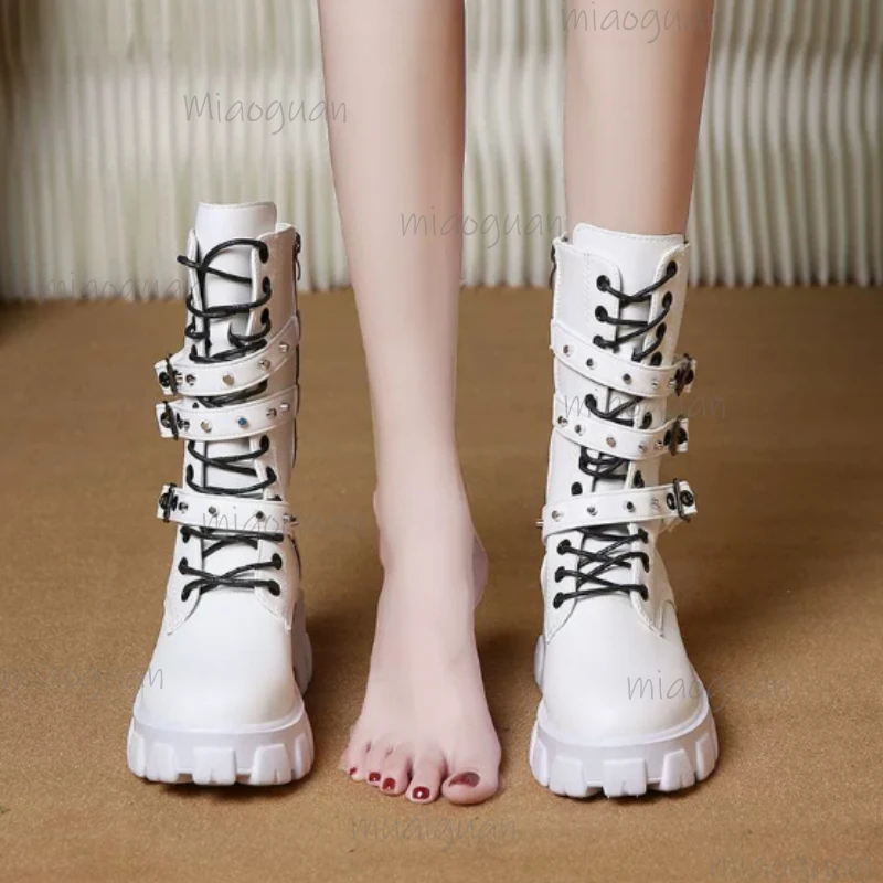 New Style Thick Sole Height-Increasing Motorcycle Boots for Women Women's Autumn Punk Belt Buckle Plus Size Platform Knight Bota view 6