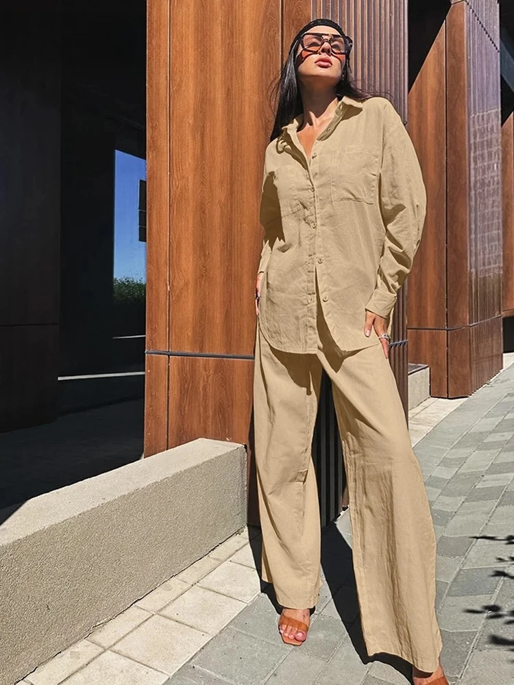 

Casual khaki cotton linen set for autumn 2025 a two-piece set of shirts and wide leg pants with street style women's clothing
