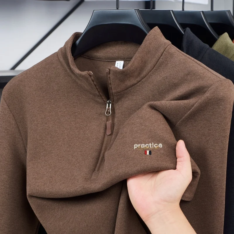 

Fashionable autumn and winter new men's long sleeved casual warm double-sided velvet zipper sports shirt brand embroidered top
