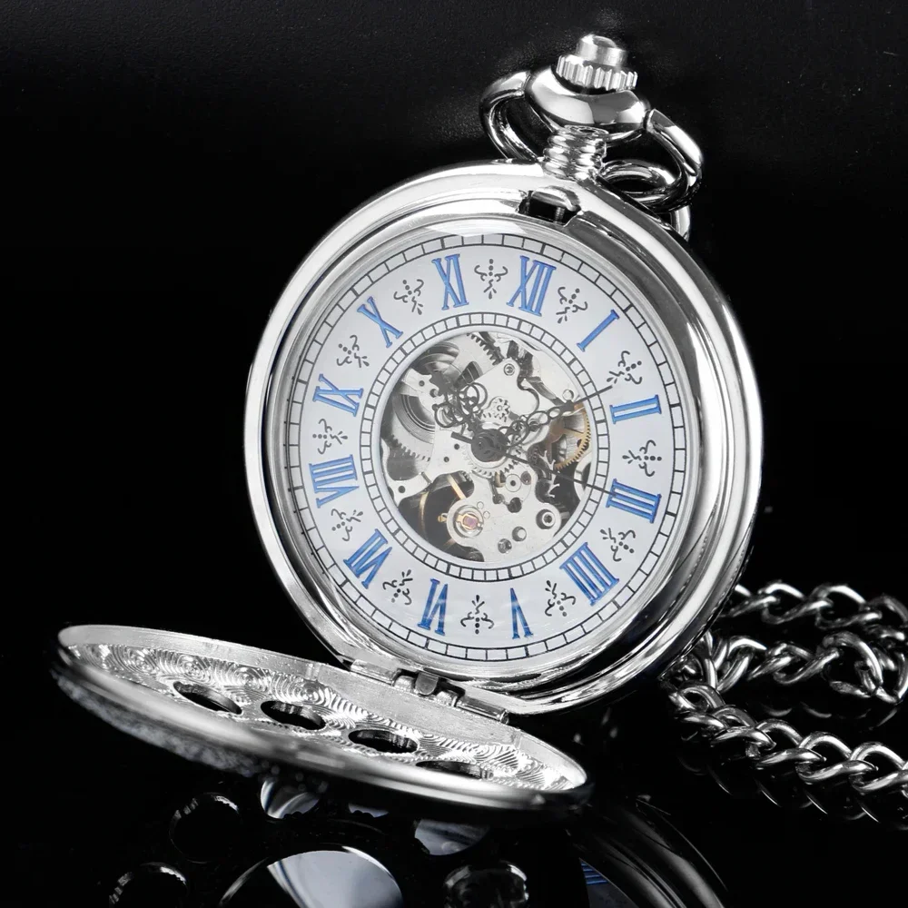 Luxury silver Color Hollow Mechanical Pocket Watch Chain Beautiful Fob Watches Men Women Hand-wind Clock Birthday Gifts